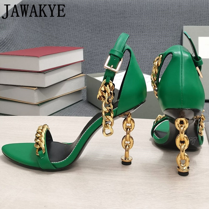 Green high heel sandals with gold chain decorations and ankle strap, open toe design