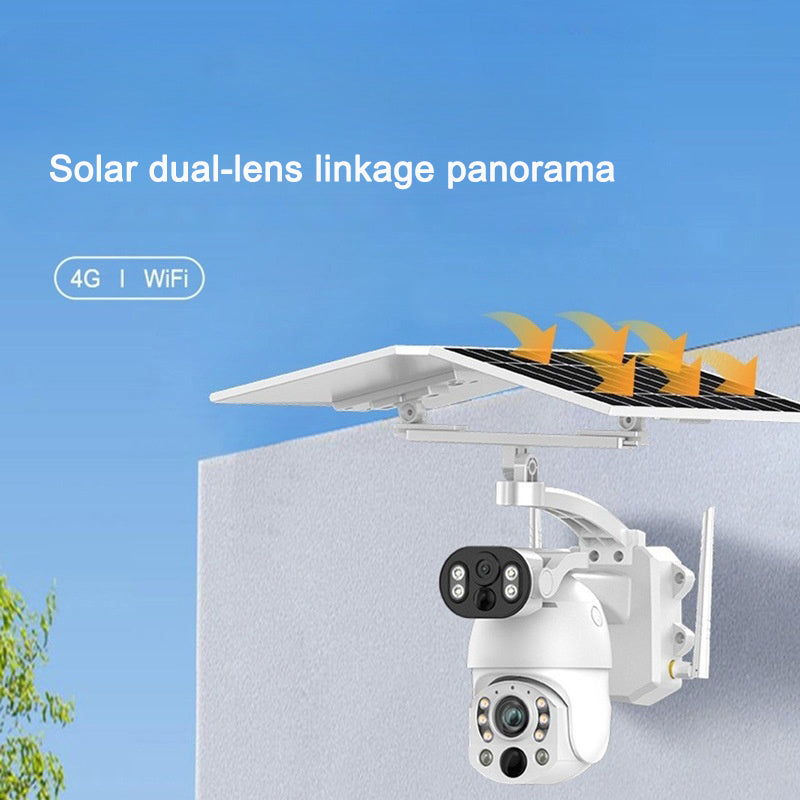 White solar dual-lens security camera with black lens modules and linkage arm