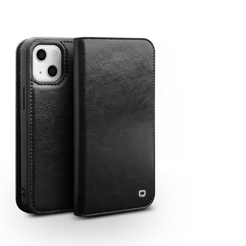 Black leather flip phone case, closed, with front cover and camera cutout