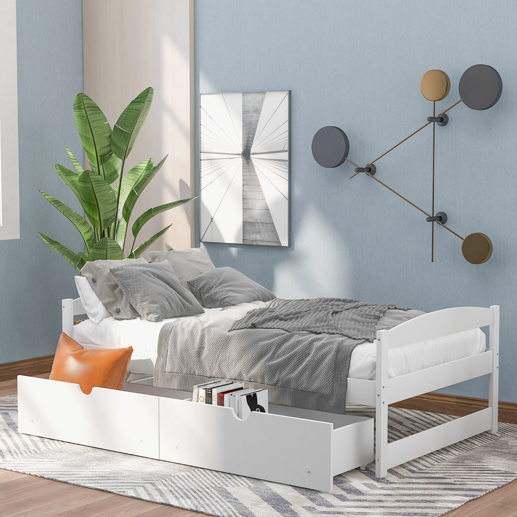 White twin platform bed with two under-drawers, slatted base, and open storage front