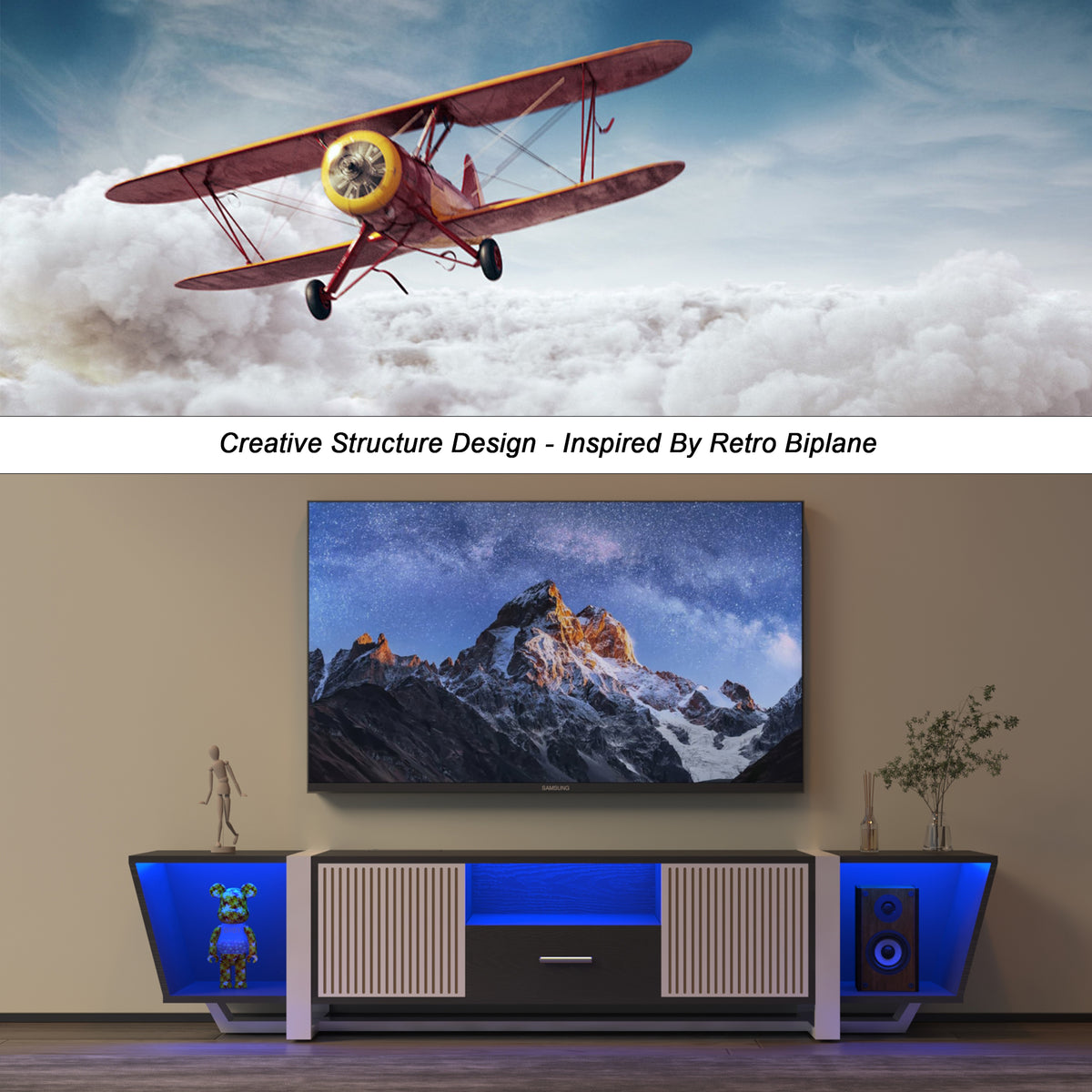 Black TV console with striped doors, center drawer, and blue-lit side cubbies