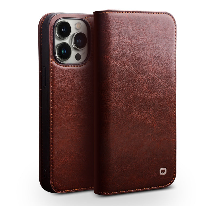 Brown leather flip phone case with camera cutouts and stitched edges
