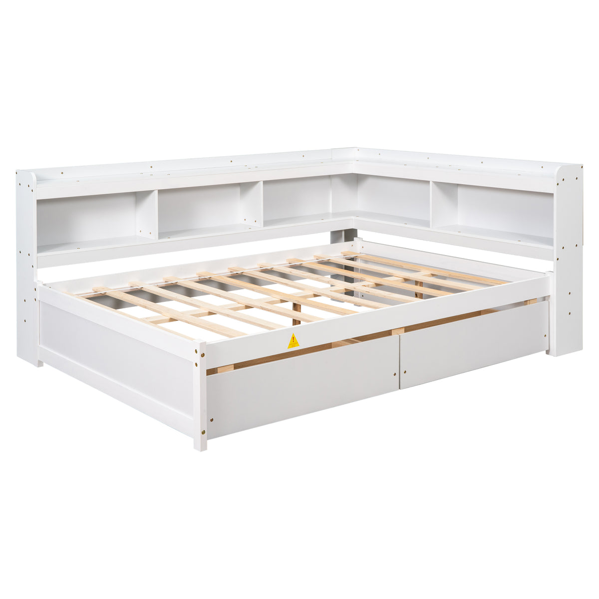 White full bed frame with storage drawers and exposed wooden slat mattress base