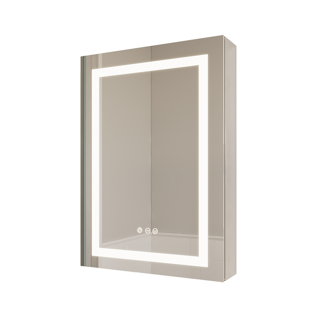 LED bathroom medicine cabinet with illuminated anti-fog mirror, single door, silver frame