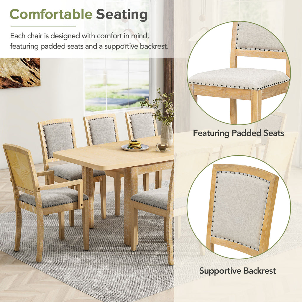 Dining table set with chairs featuring padded seats and supportive backrests