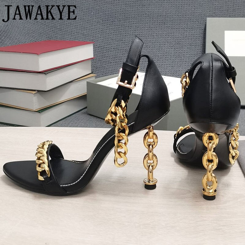 Black patent high-heel chain sandals with ankle strap and gold-tone chain