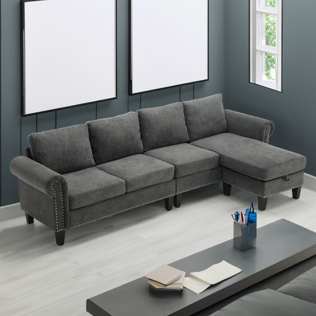Gray L-shaped sectional sofa with tufted side accents and chaise-style ottoman