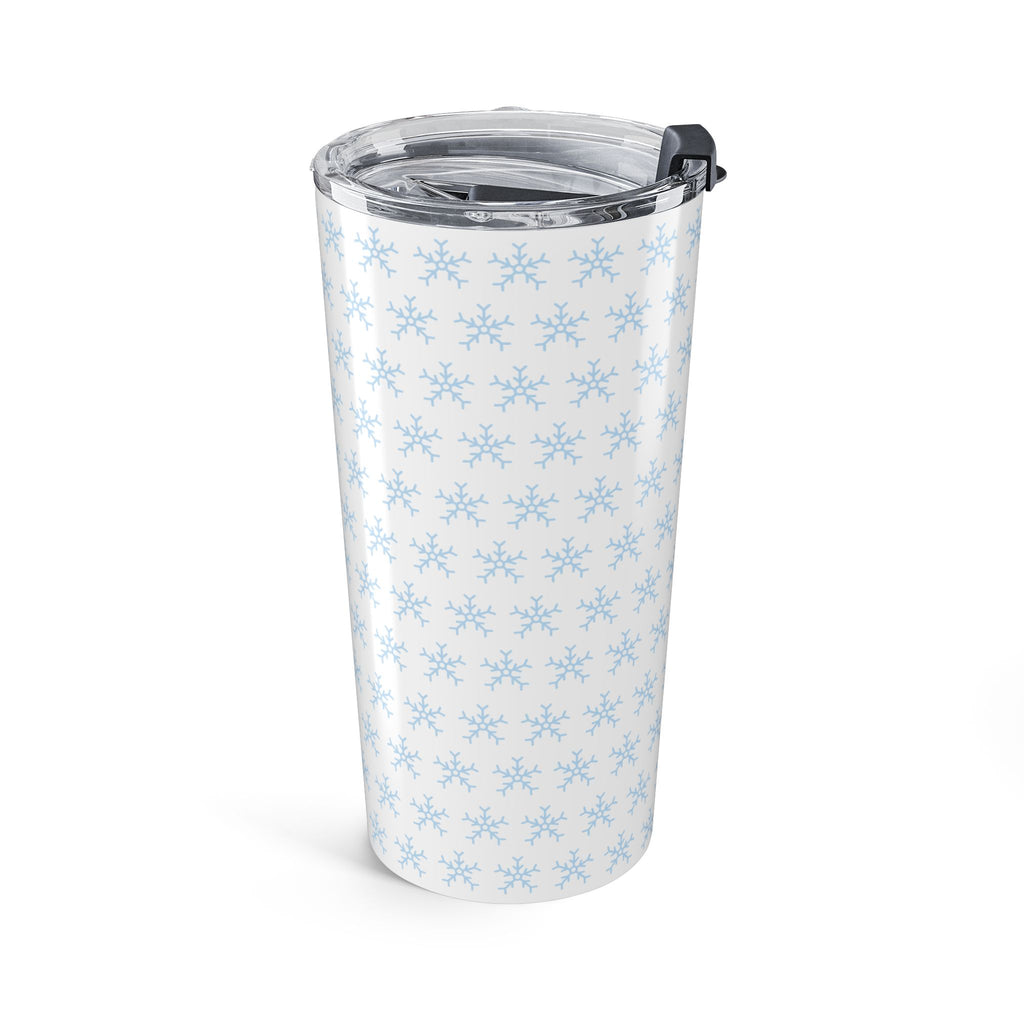 20oz insulated tumbler with clear lid and black handle clip, light blue snowflakes