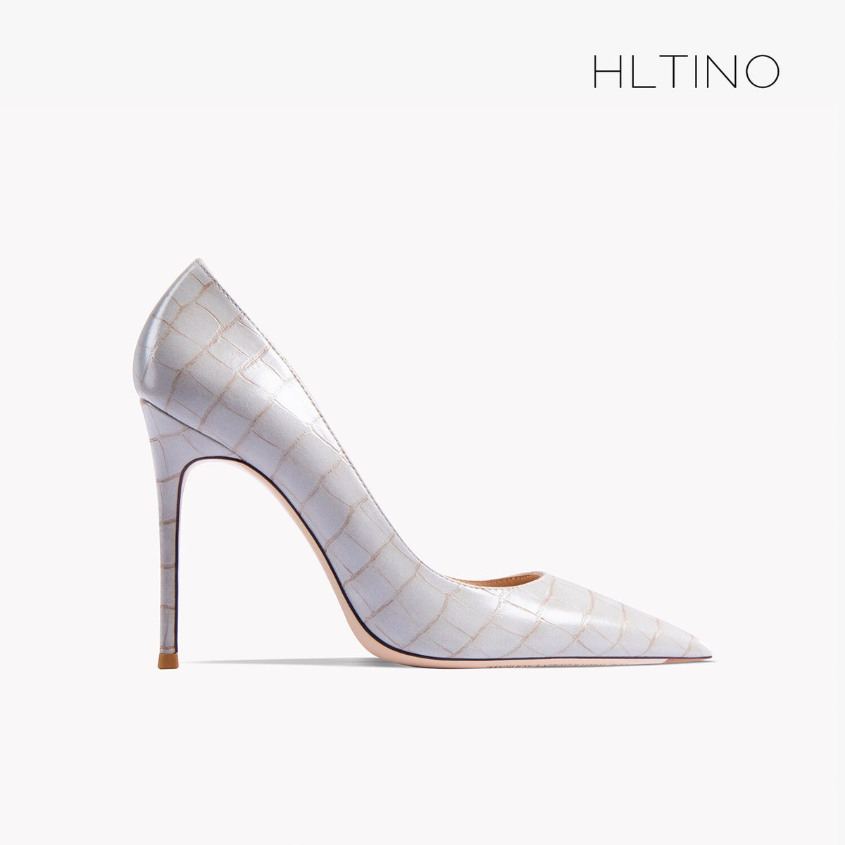 Women’s pointy-toe high-heel pump, light gray patent leather with thin stiletto heel