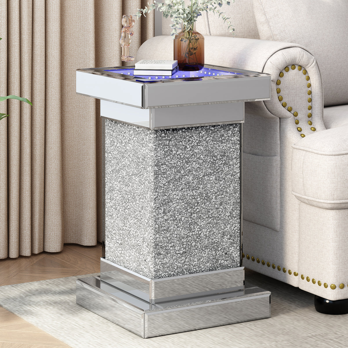 LED-lit silver square mirror coffee table with glitter mirrored side panels