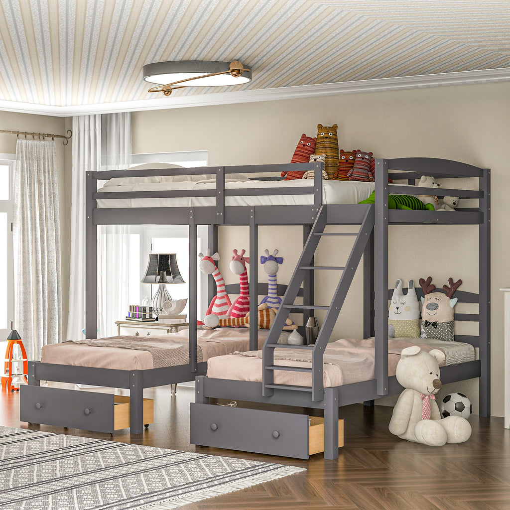 Gray triple bunk bed with ladder and drawers, open shelving at the side