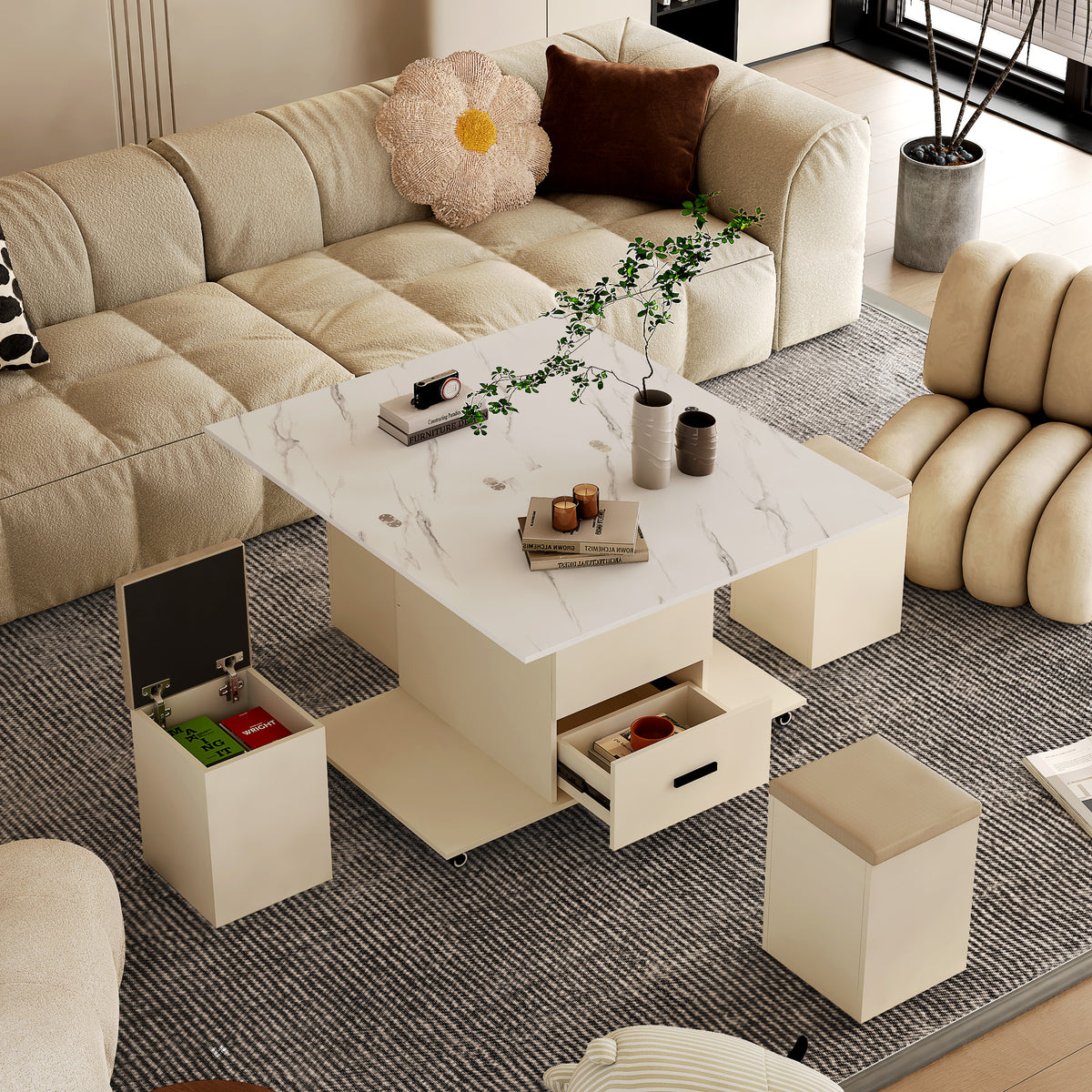 White lift-top coffee table with open storage bays and two drawers