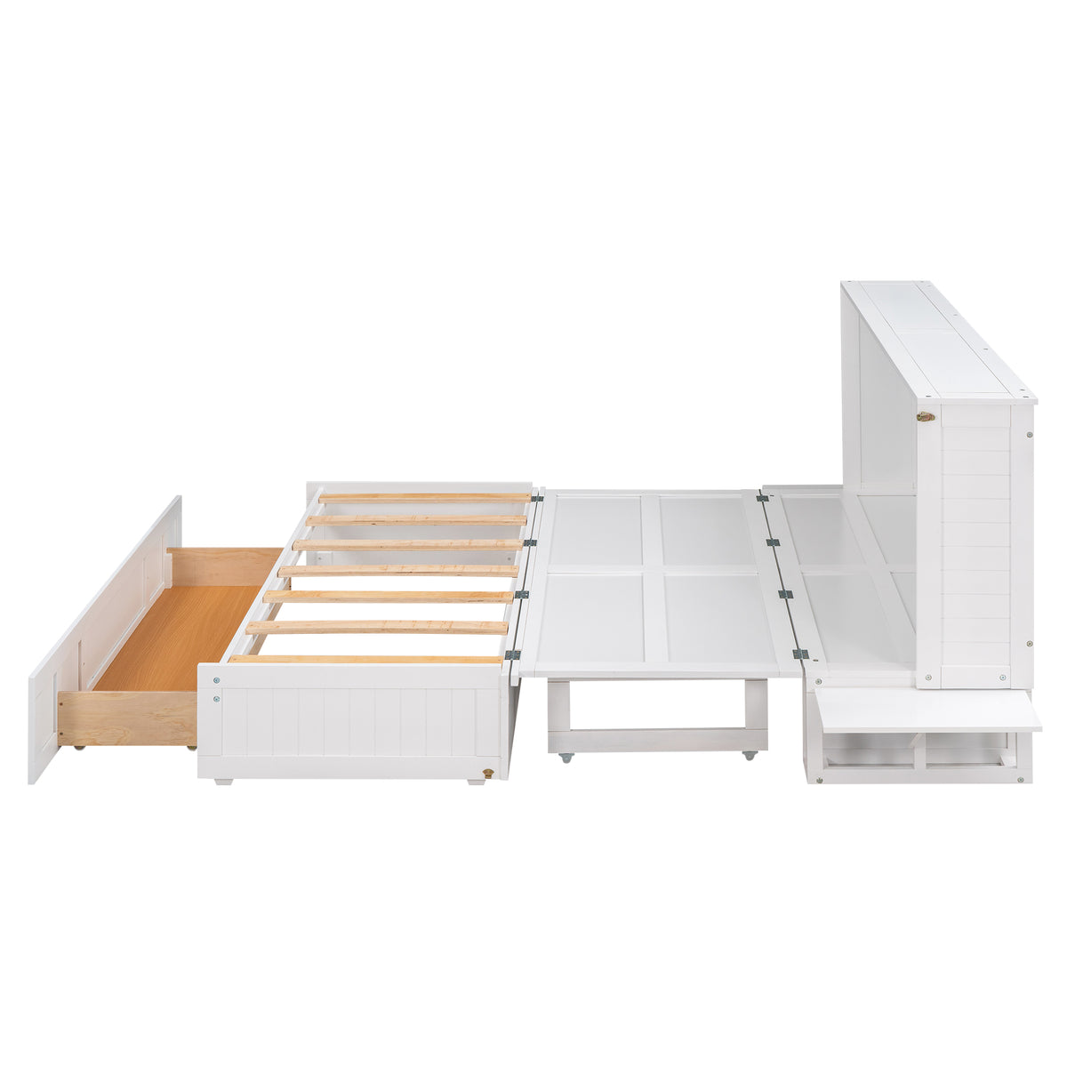 White queen Murphy bed fully extended with slatted base, open shelves and compartments