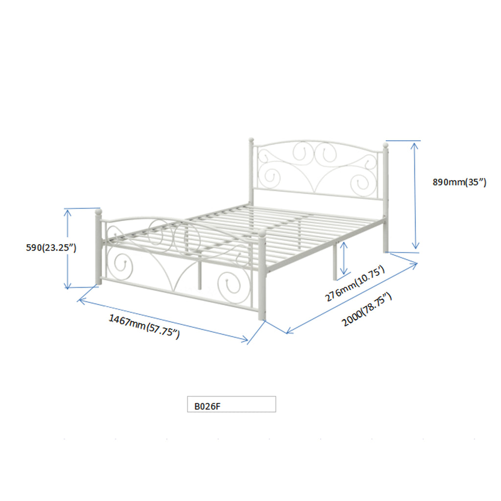 White metal bed frame shown with measurement arrows and wire slat base
