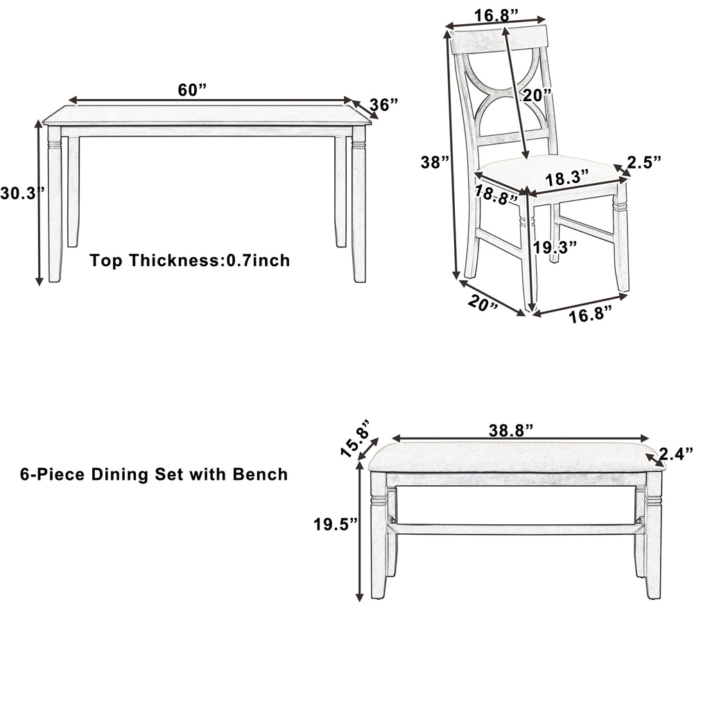 Farmhouse dining set: gray table with white legs, upholstered bench and dining chairs