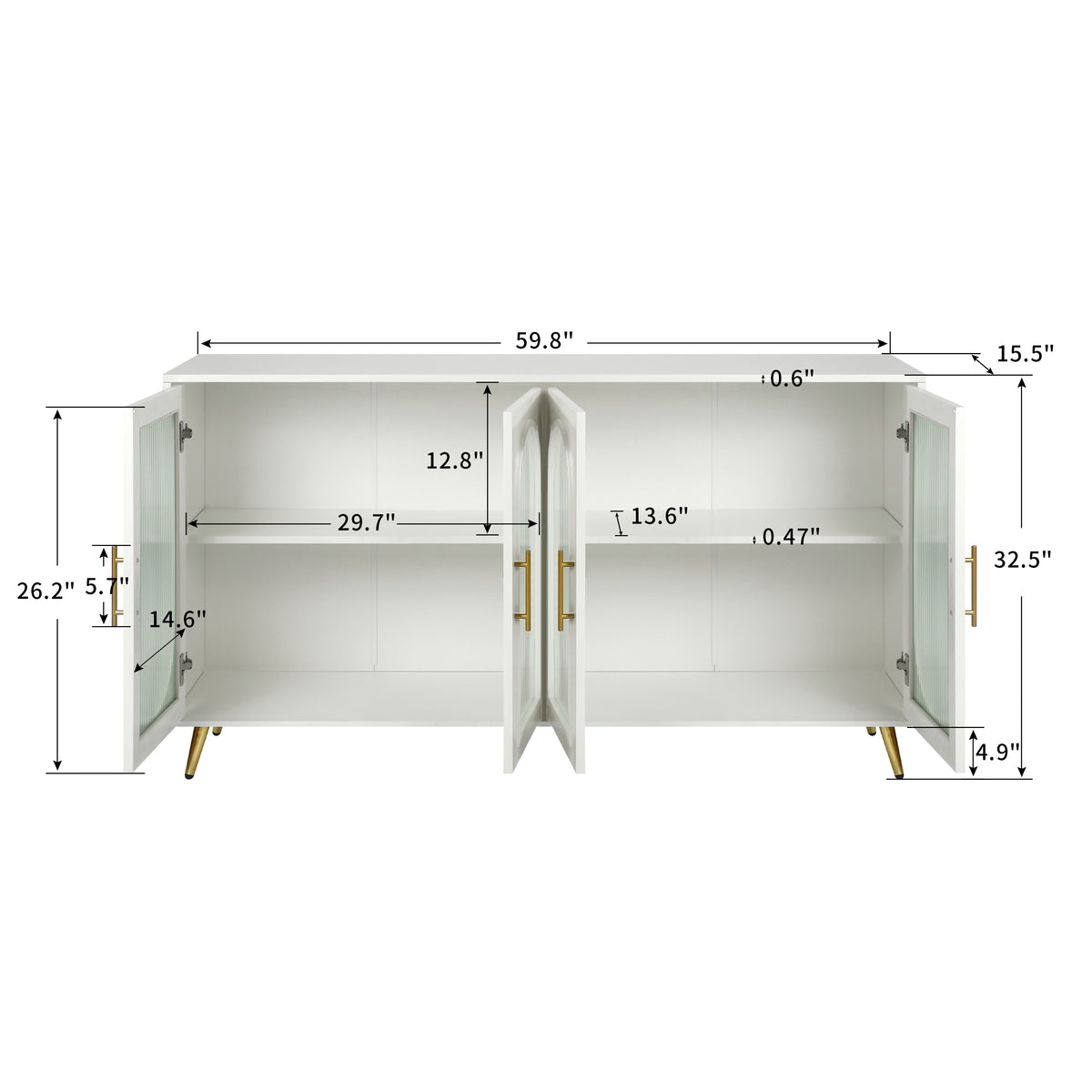 Antique white TV stand with open center cabinet showing adjustable shelving and storage