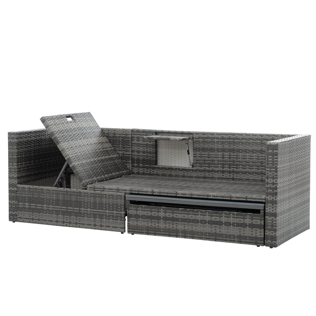 Outdoor wicker loveseat with lifting storage bench and dark cushion