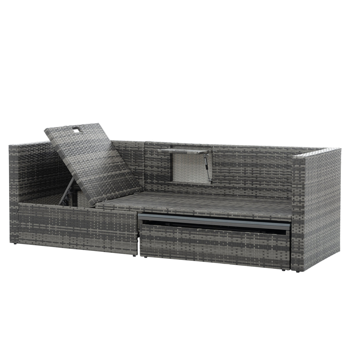 Outdoor wicker loveseat with lifting storage bench and dark cushion