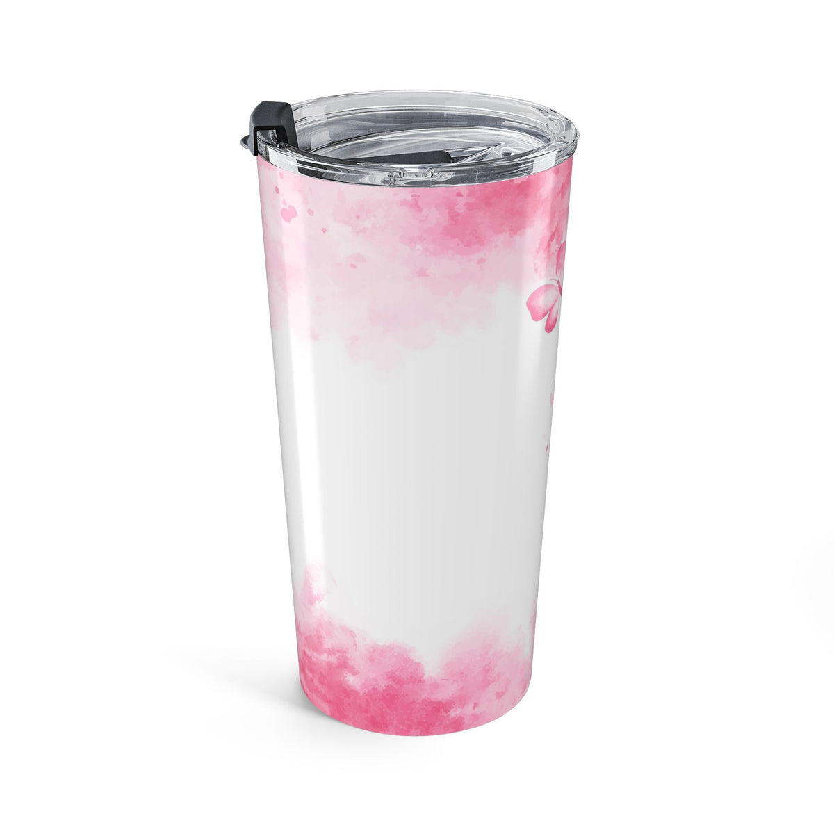 20oz white tumbler with pink floral splash design, clear lid and black clasp