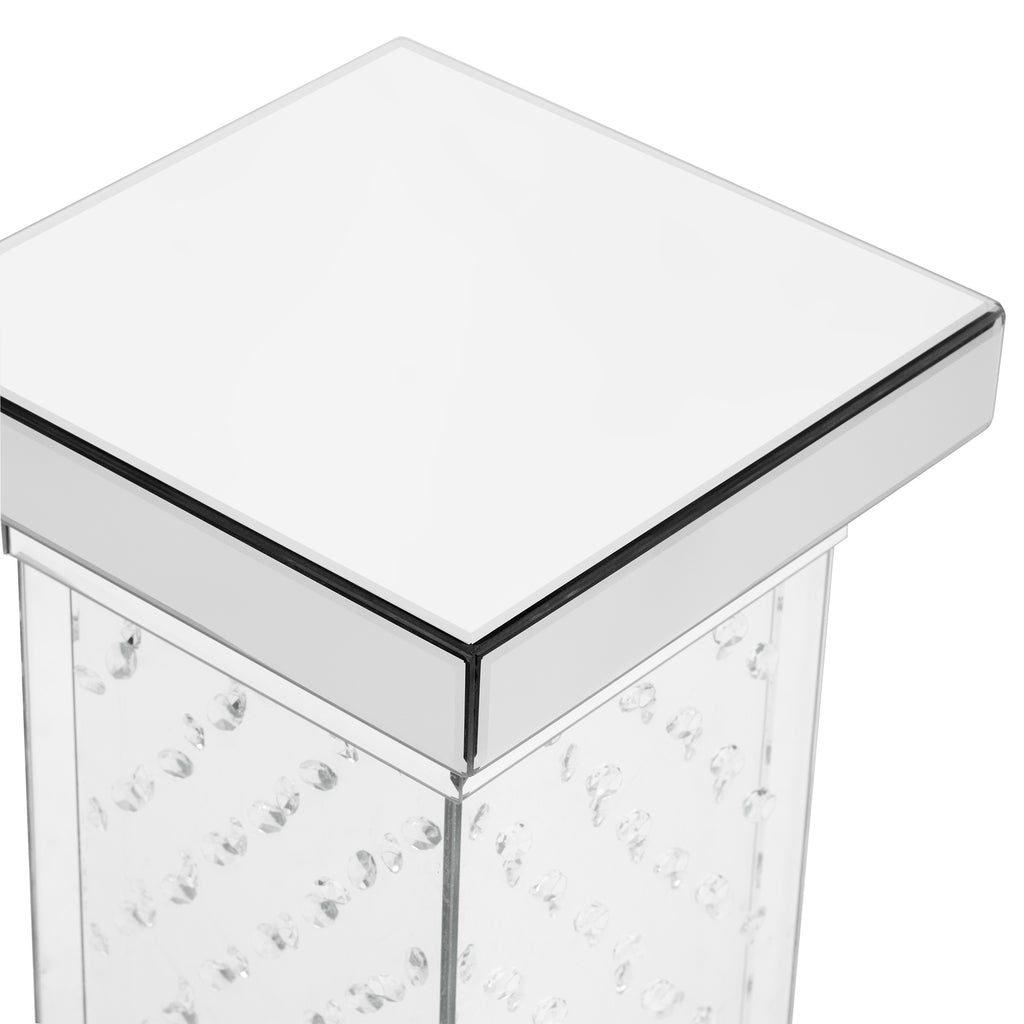 Square mirrored coffee table corner with clear glass top, chrome frame, crystal inlaid sides.