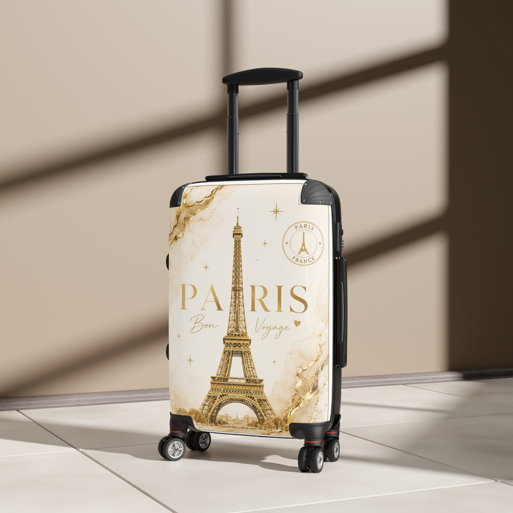 Cream Paris Eiffel Tower hard-shell suitcase with extendable handle and side black accents