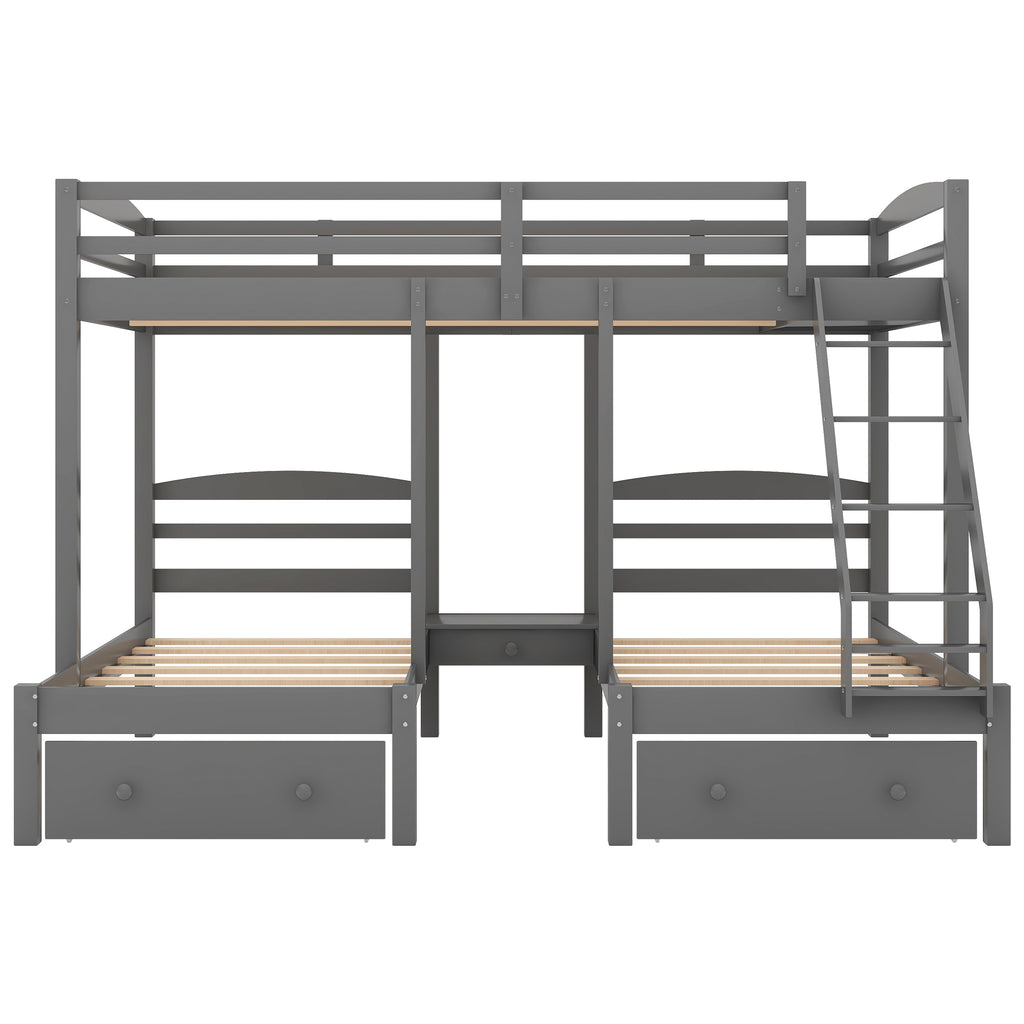 Gray triple bunk bed with guardrails and front drawers