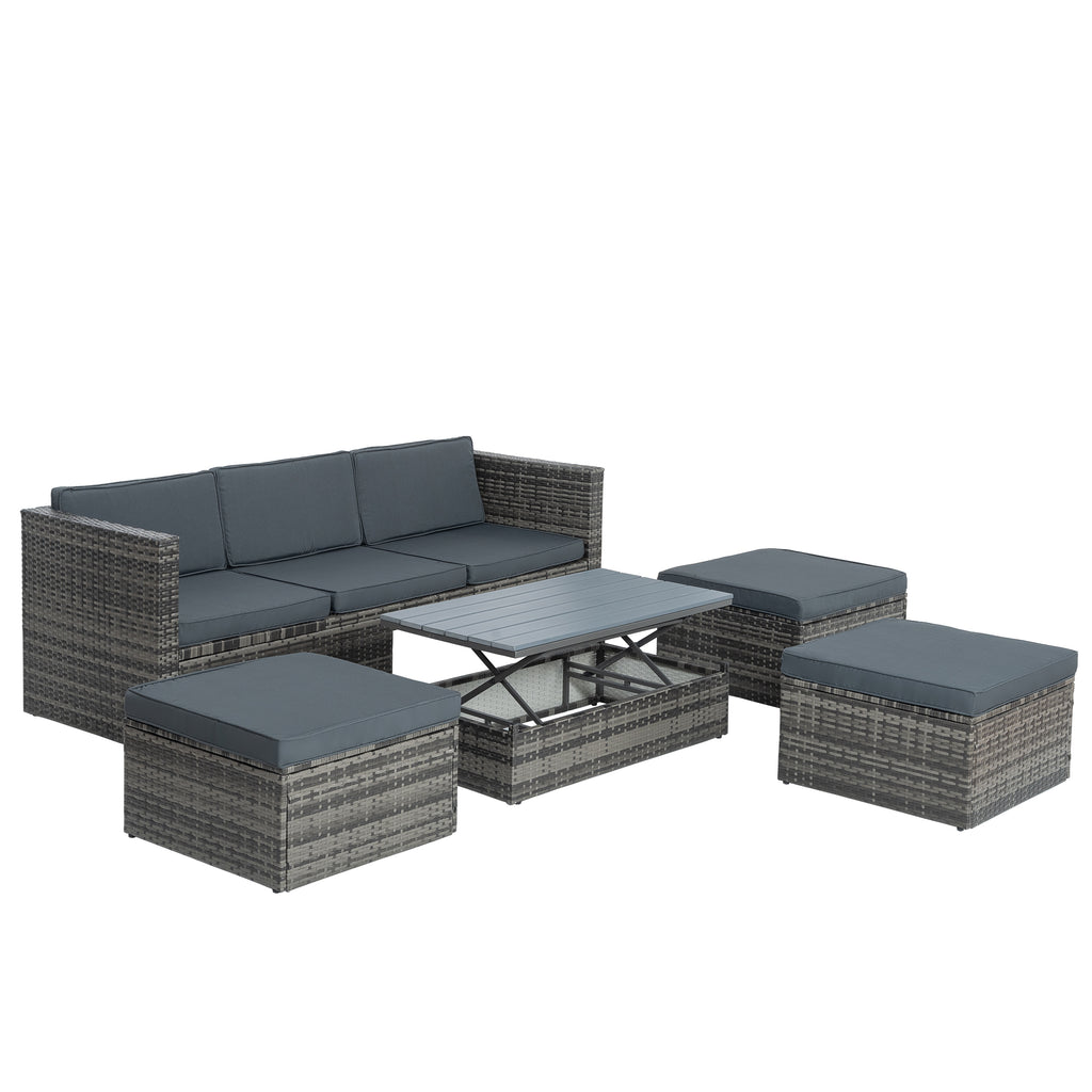 Dark gray outdoor wicker seating set with cushions, coffee table, and two ottomans