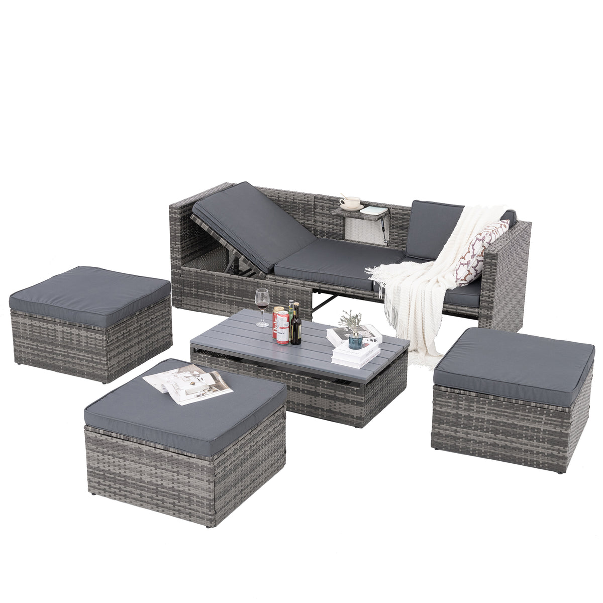 Dark gray PE wicker patio furniture set with sofa, ottomans, coffee table, and cushions