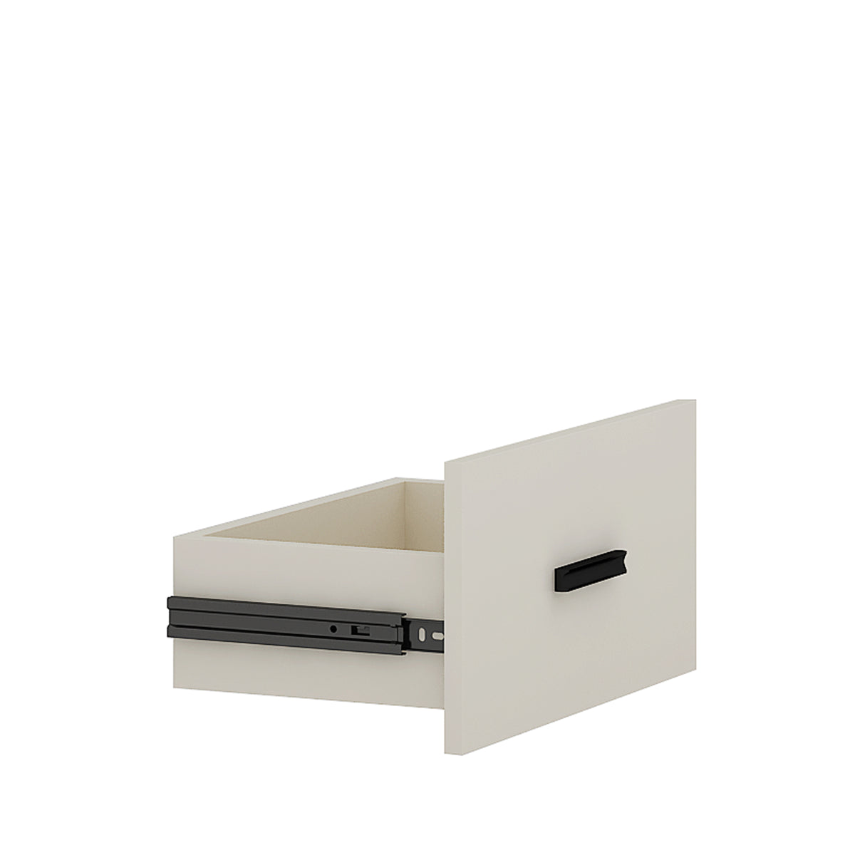 White coffee table drawer with black handle, open to show storage compartment