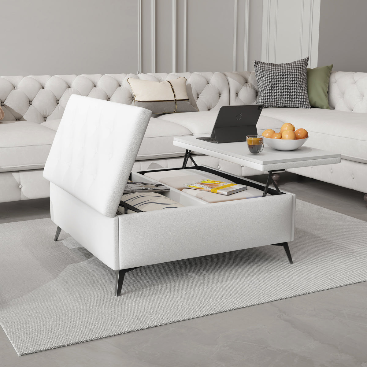 White tufted storage ottoman with open hinged lid and interior storage compartment