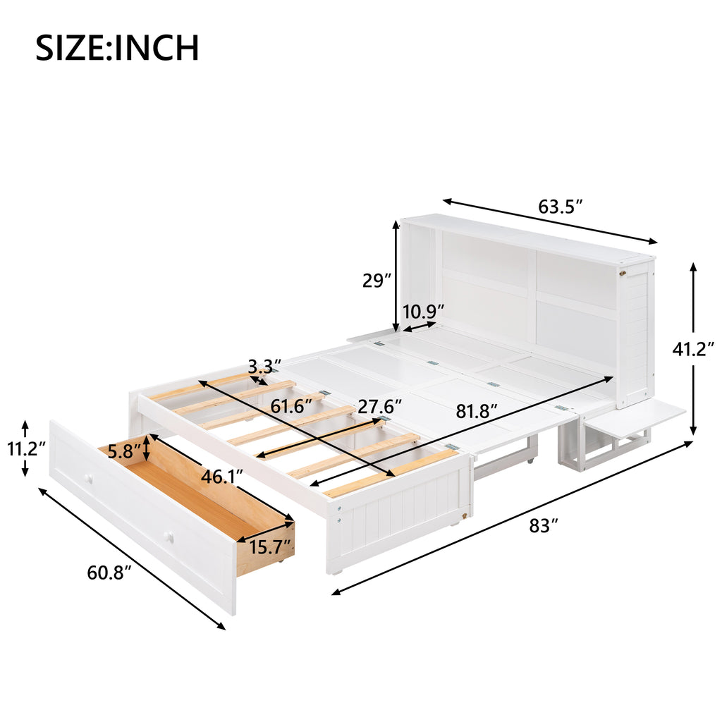 White Murphy bed dimensions view with open cabinet and pull-out slat frame