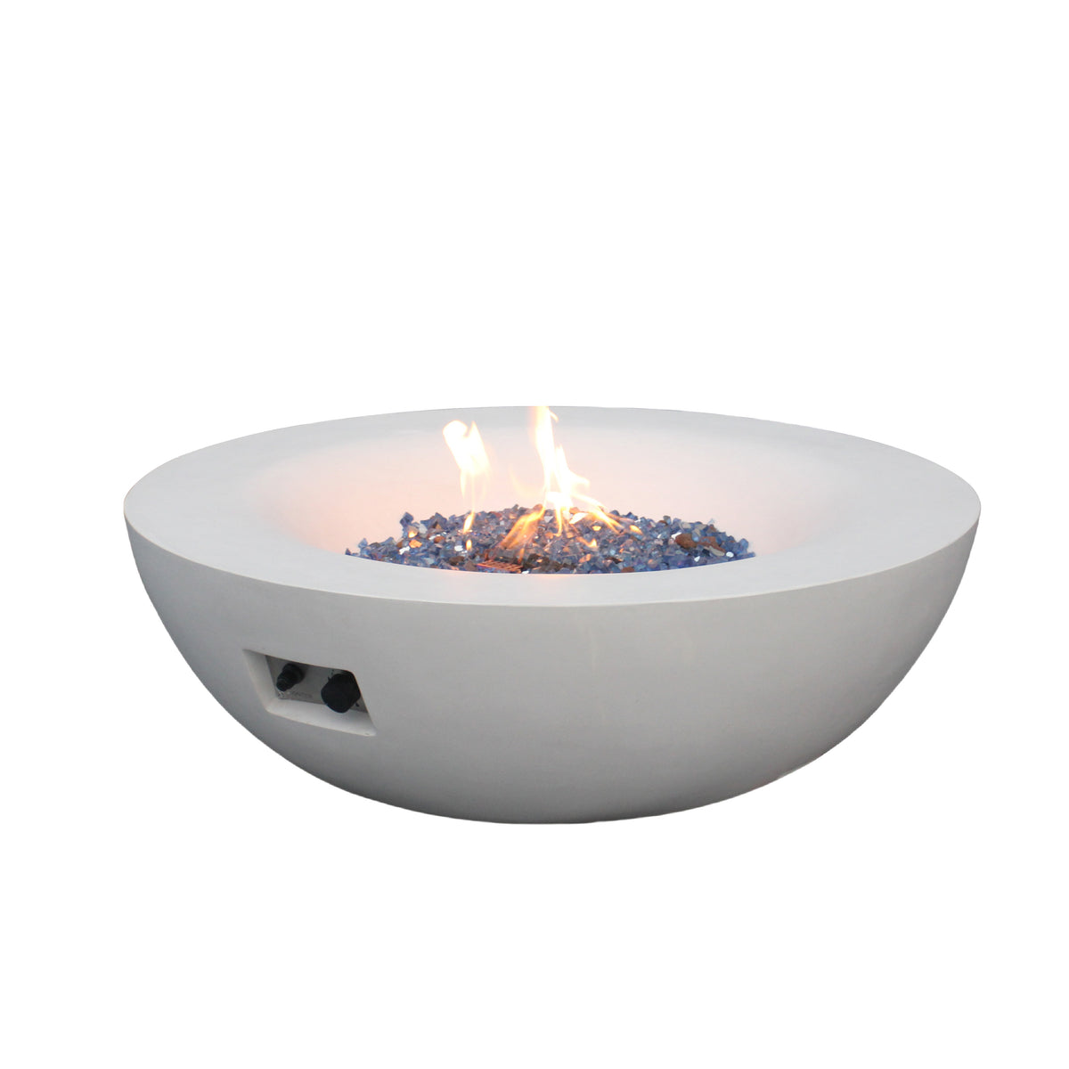 Antique white concrete propane fire pit bowl with flame and control knobs