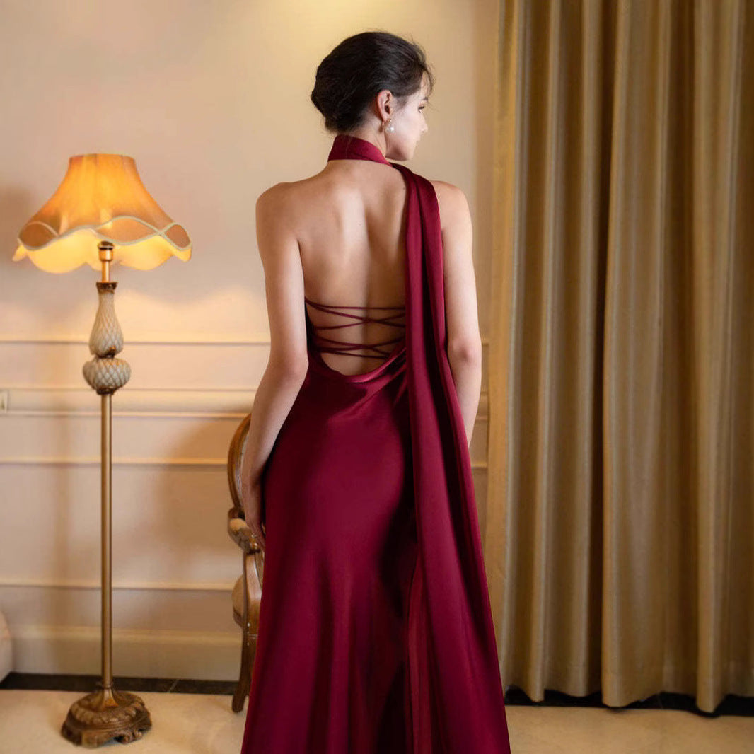 Wine red satin halter backless evening dress, open-back cross straps