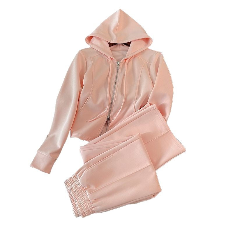 Light peach hooded zip top with wide-leg drawstring pants set