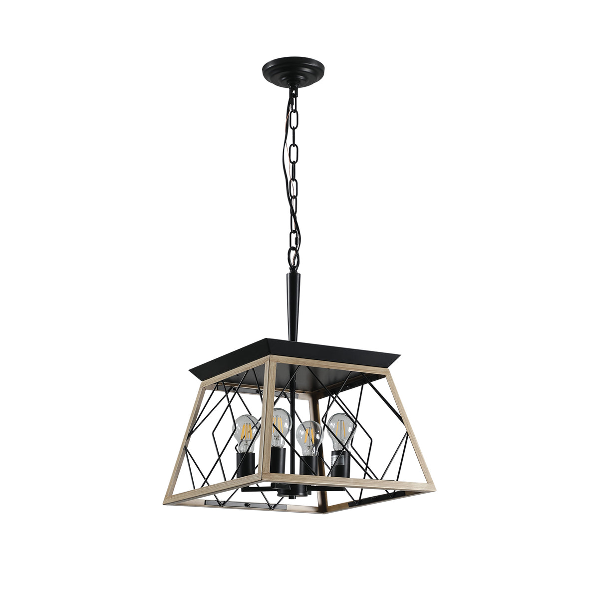Geometric 4-light farmhouse chandelier with black canopy and wire cage, hanging chain.