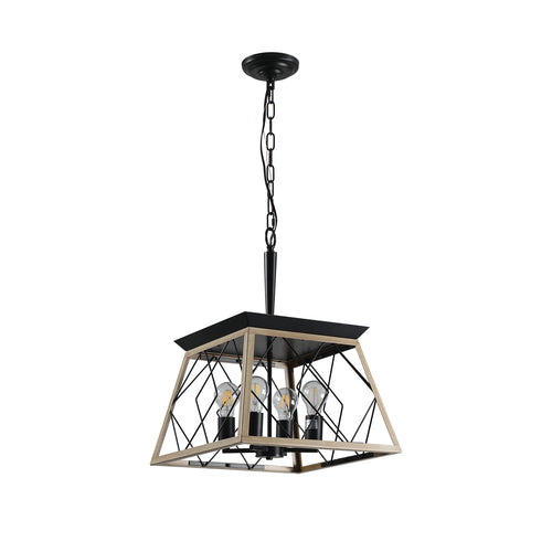Geometric 4-light farmhouse chandelier with black canopy and wire cage, hanging chain.