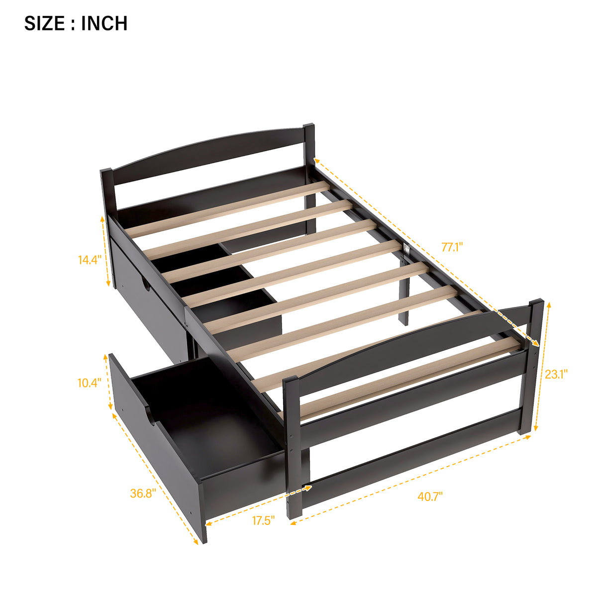 Espresso twin platform bed with two storage drawers and slat mattress support, side view