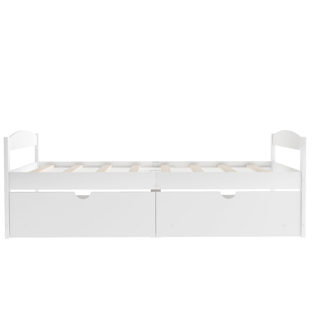 White twin platform bed with center post and two under-drawers, front view