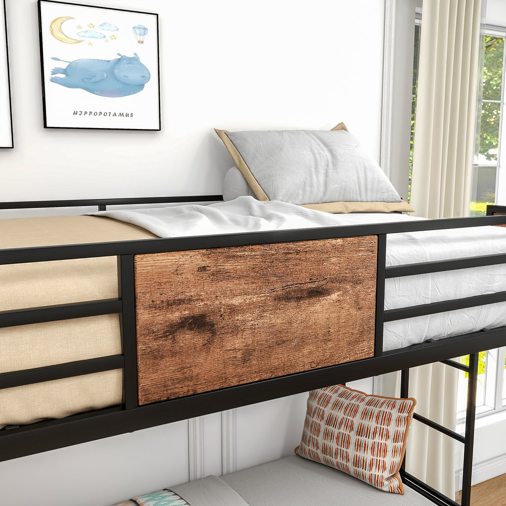Close-up of black metal top guardrail with rustic wood-look panel