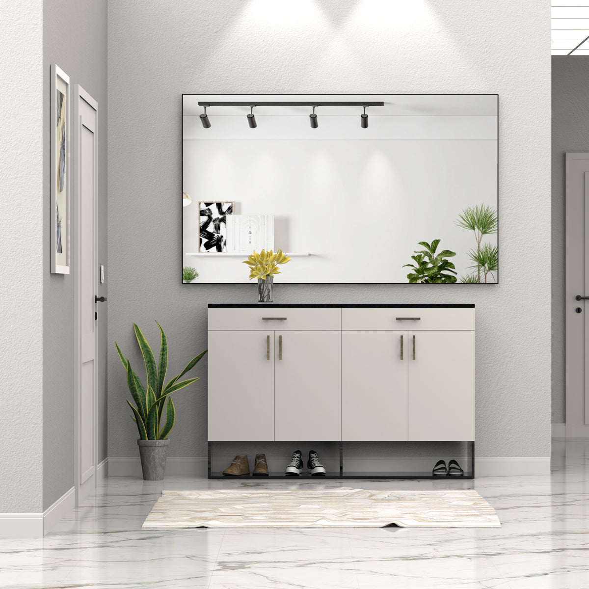Modern wall mirror with black aluminum frame, large rectangular reflective glass