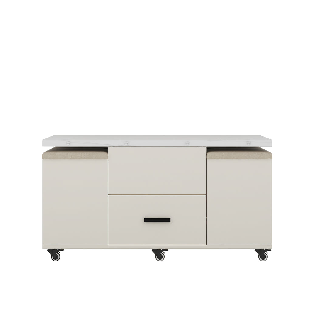 White lift-top coffee table with central drawer and side cabinet doors on caster wheels