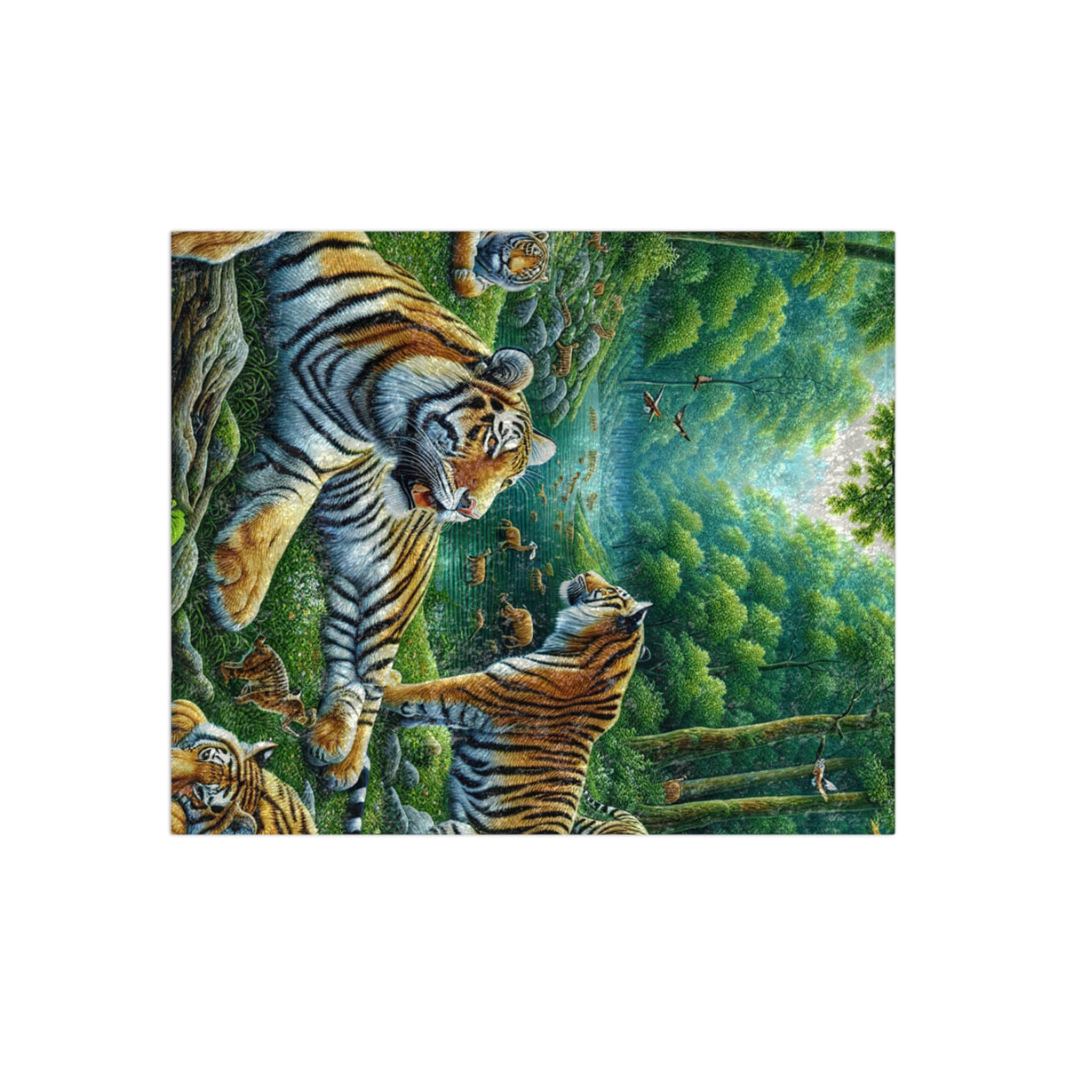 Crushed velvet blanket with close-up tiger-in-jungle print, green and dark tan