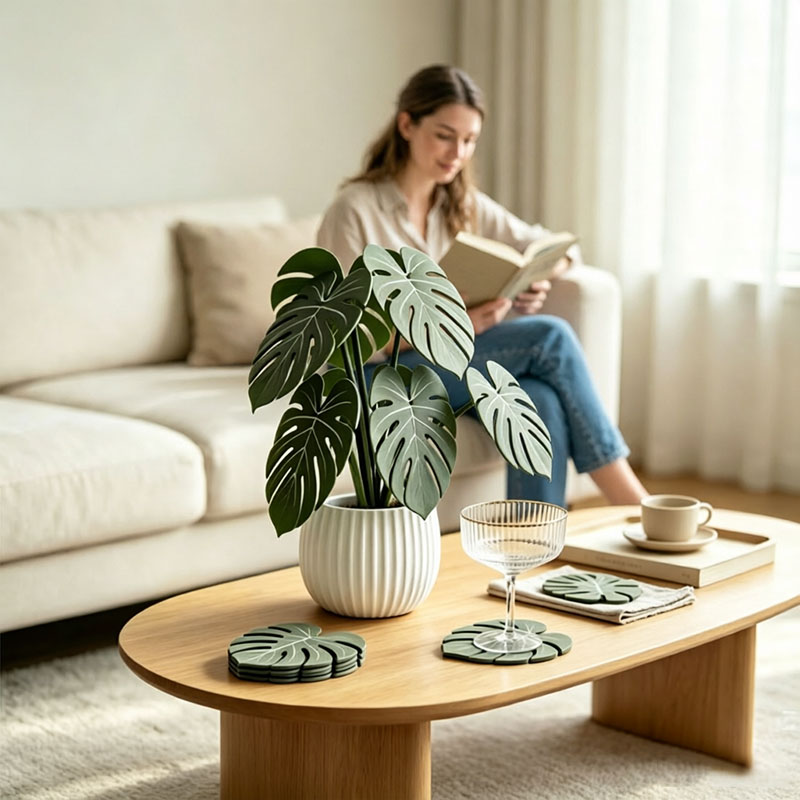 Set of green monstera leaf drink coasters with detachable blade design on a table