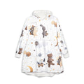 White unisex hooded blanket with space-animal print and long sleeves