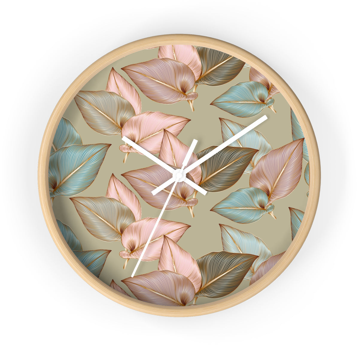 Wood wall clock with pastel leaf dial and white hour, minute, and second hands