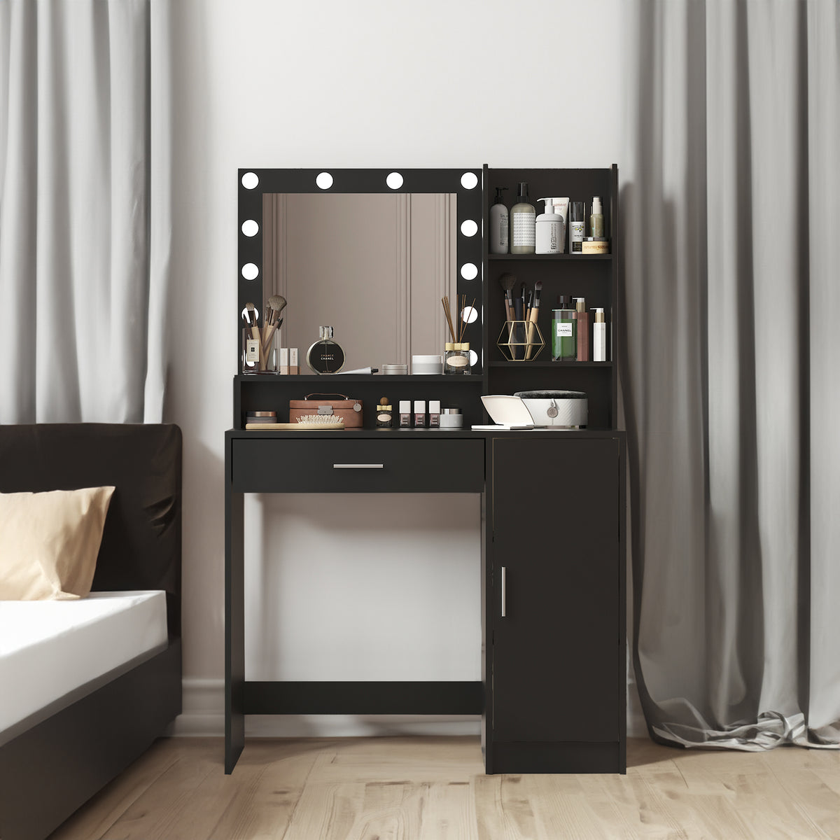 Black makeup vanity desk with lighted mirror, open shelves, and lower cabinet doors