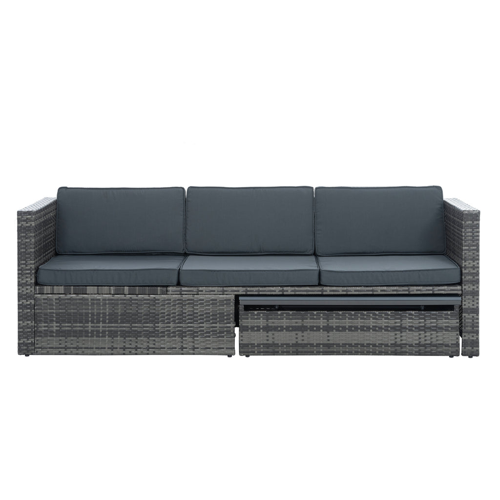 Outdoor dark gray PE wicker sofa with three back cushions and side panels