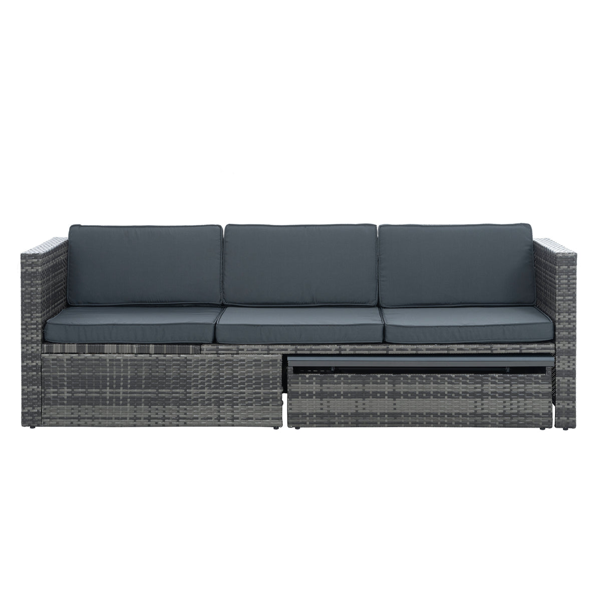 Outdoor dark gray PE wicker sofa with three back cushions and side panels