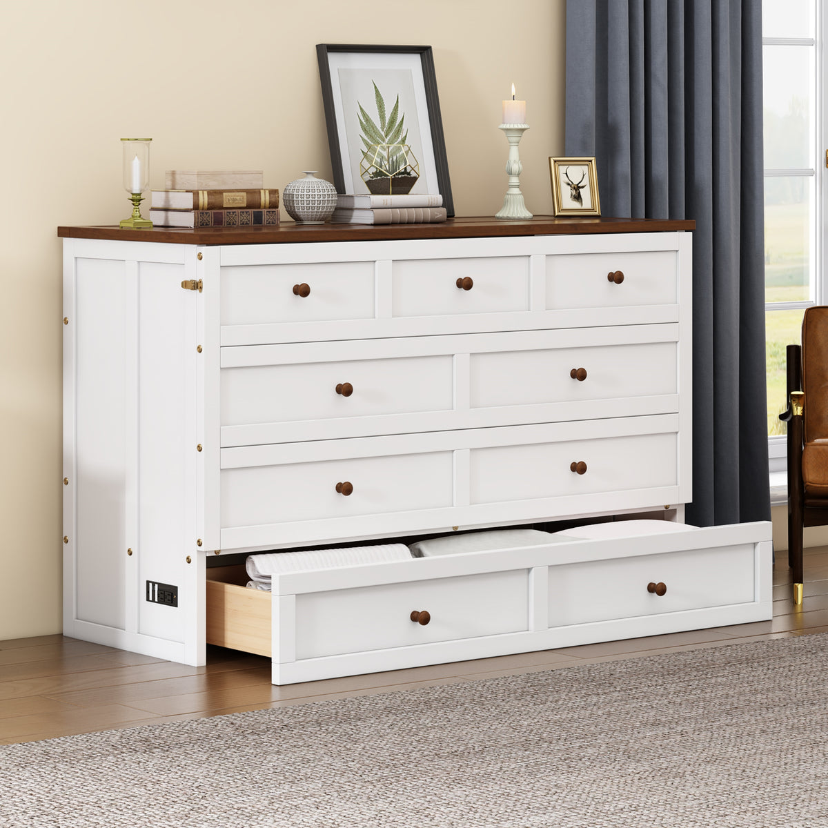 White and walnut queen Murphy bed chest with open bed and front storage drawer