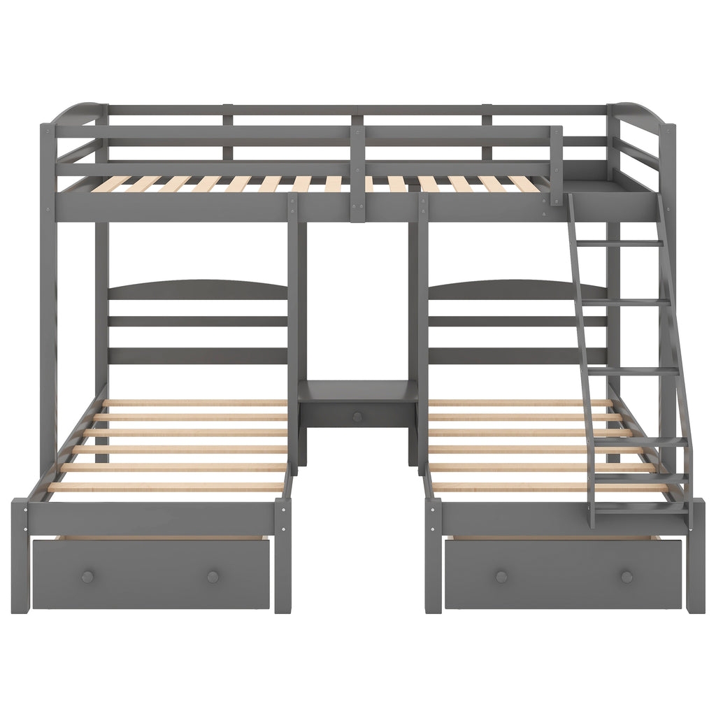 Gray triple bunk bed frame with mattress slats, ladder access, and drawer fronts
